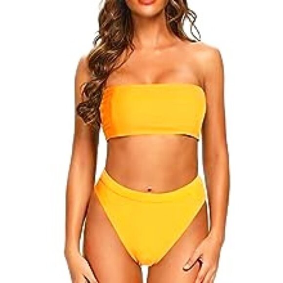 HONEY GOLD BANDEAU BIKINI TOP & HIGH WAISTED HIGH CUT BOTTOM SIZE MEDIUM NWT - Picture 1 of 5